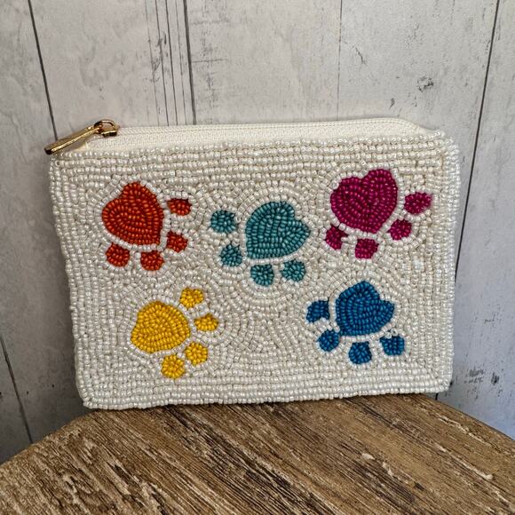 West Hills Studio Handbags - Beaded Coin Purse Wallet White Paw Prints Dog Lover Womens Bag New FAST SHIP